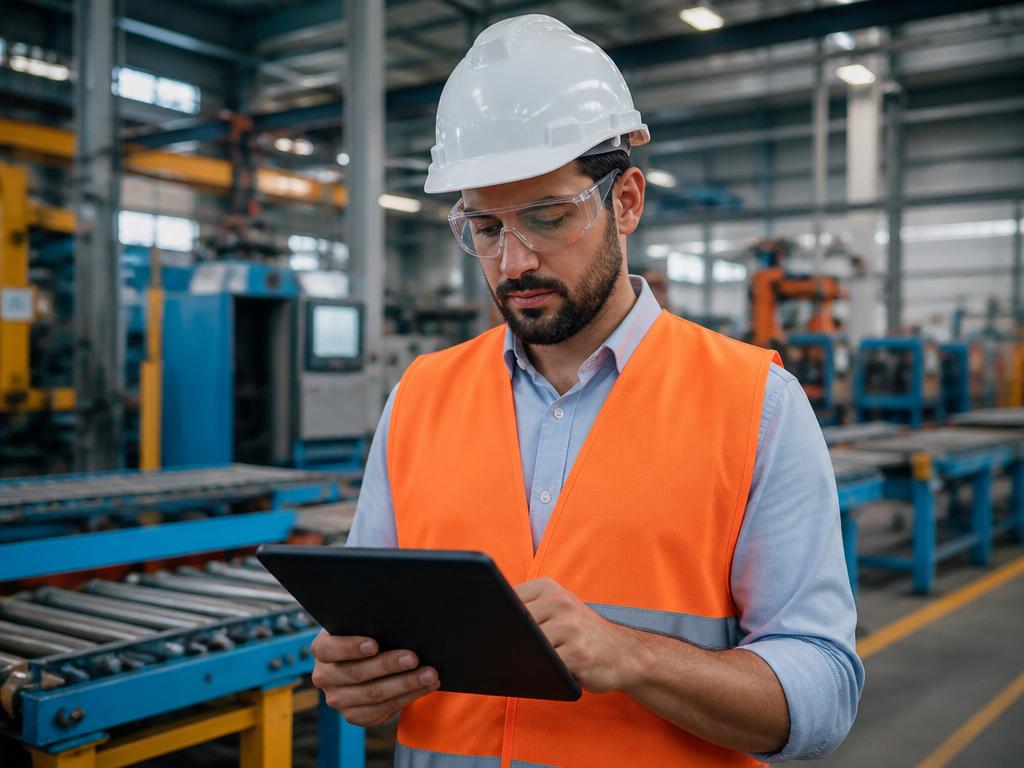 Técnica de segurança com tablet em ambiente industrial