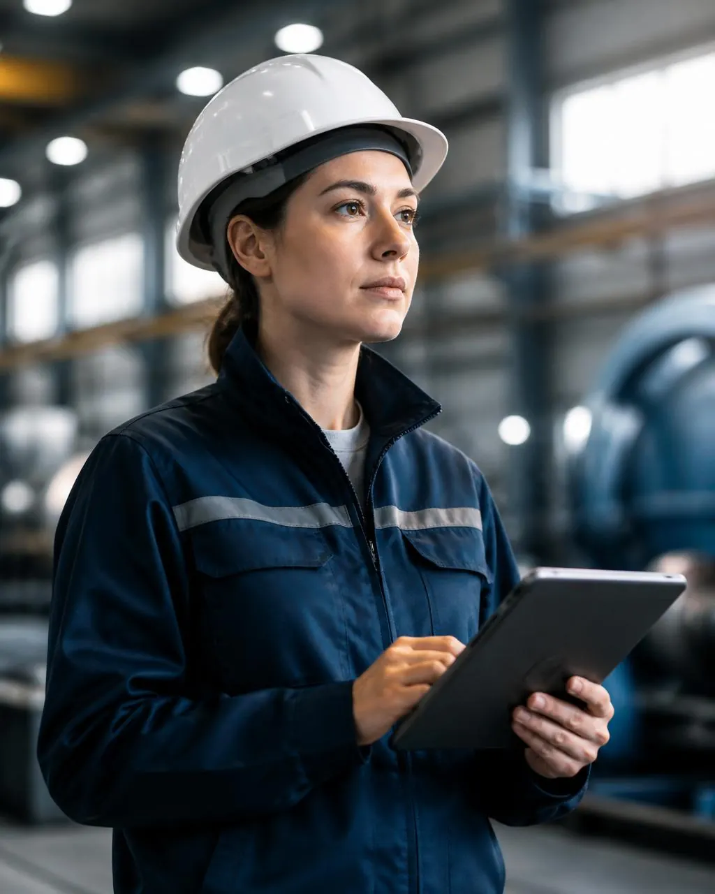 Engenheira de segurança revisando inventário de riscos em tablet