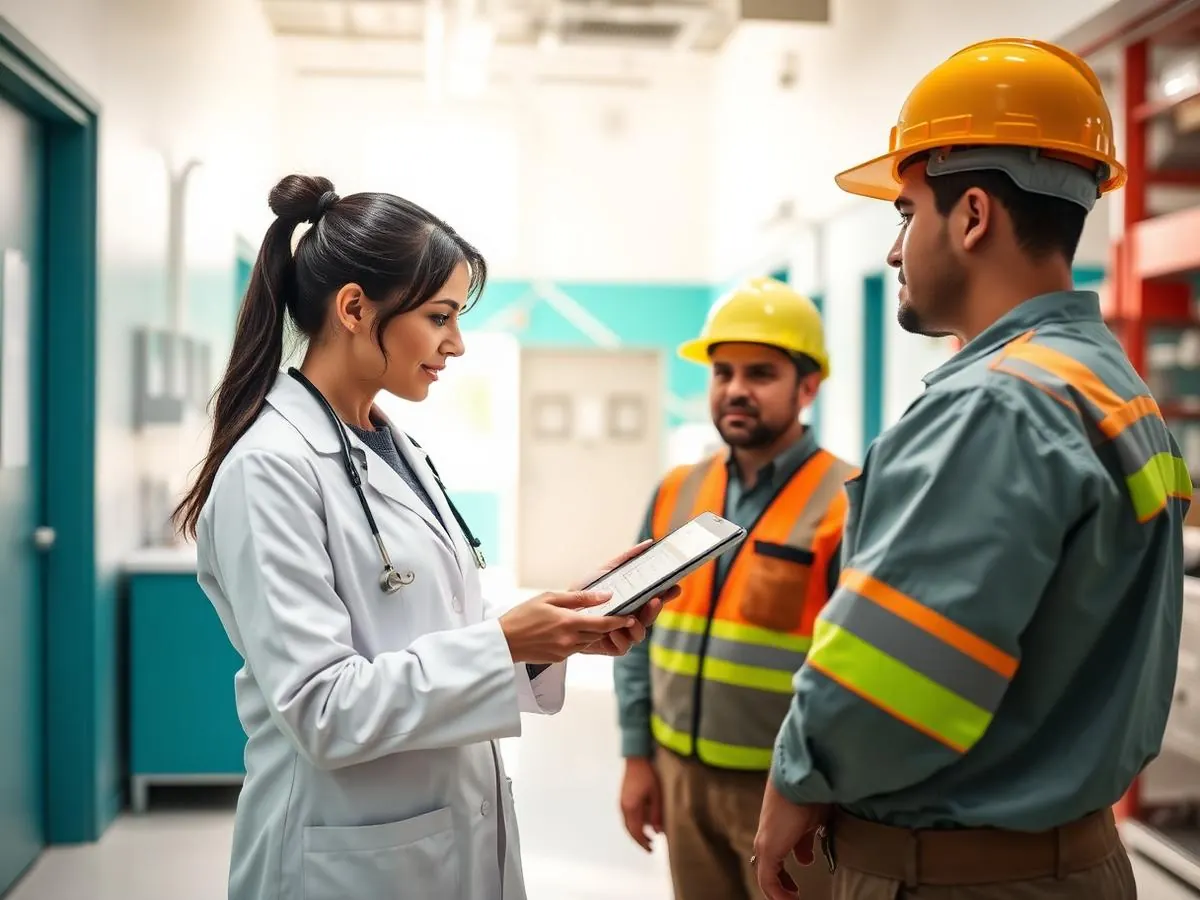 Médico do trabalho em consulta de saúde ocupacional